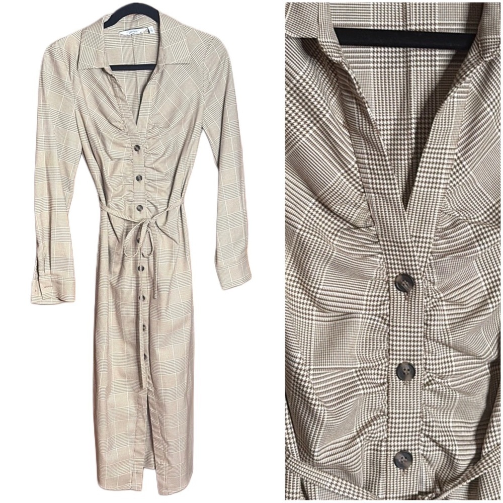 & Other Stories Rouched plaid shirt long tailored Maxi Dress brown white sz 6